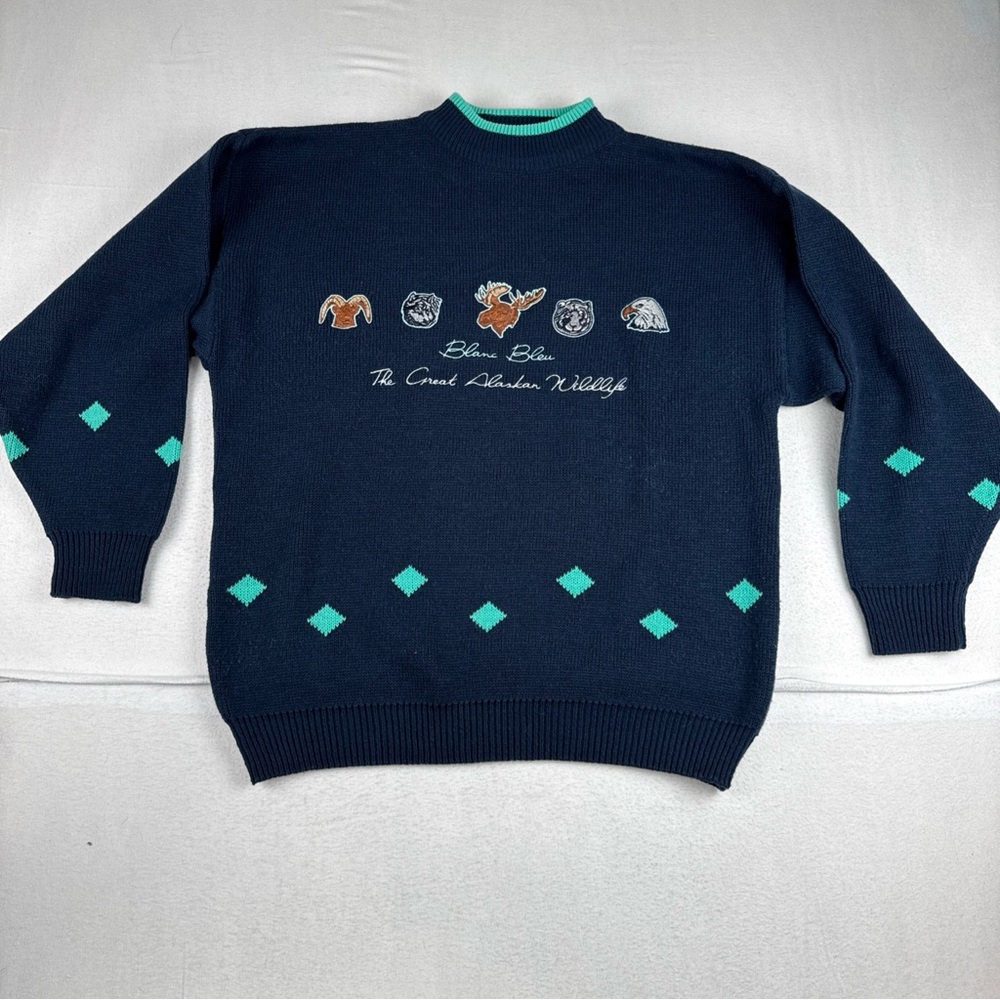VTG Blanc Bleu The Great Alaskan Wildlife Mens Navy Sweater  fits 2XL  80s 90s
